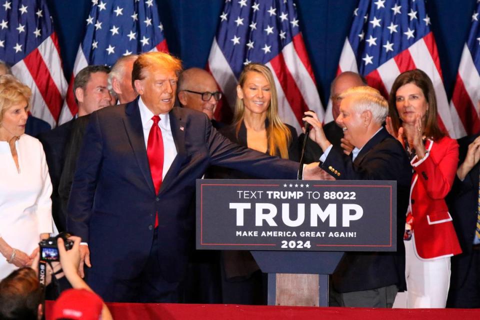 Donald Trump introduces U.S. Senator Lindsey Graham to a crowd gathered at the South Carolina State Fairgrounds on Saturday, Feb. 24, 2024. Trump was declared the winner of the South Carolina primary.