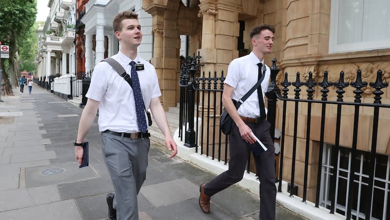 Elders Timothy Shafer and Ethan Johnson work in London on Saturday, July 8, 2023. The New York Times published an article Friday morning about how Latter-day Saint missionaries have used social media and updated guidelines in recent years.