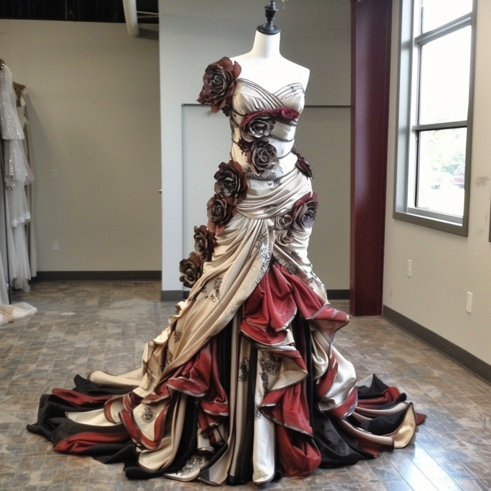 An elaborate gown with floral accents and a dramatic ruffled train on a mannequin
