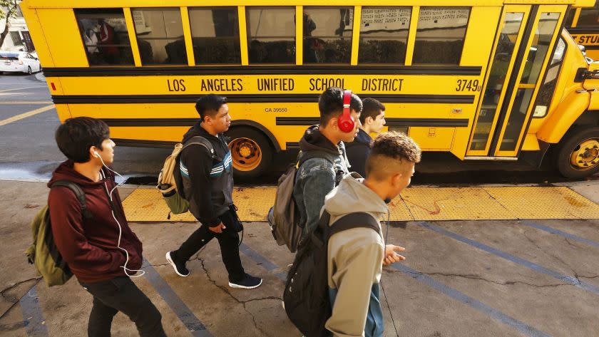 LOS ANGELES, CA - JANUARY 07, 2019 Students depart Belmont High School in Los Angeles Monday afternoon after classes on the first day of school in 2019 while last-ditch bargaining efforts continued to avert a Los Angeles teachers' strike that is set to begin on Thursday of this week. (Al Seib / Los Angeles Times)