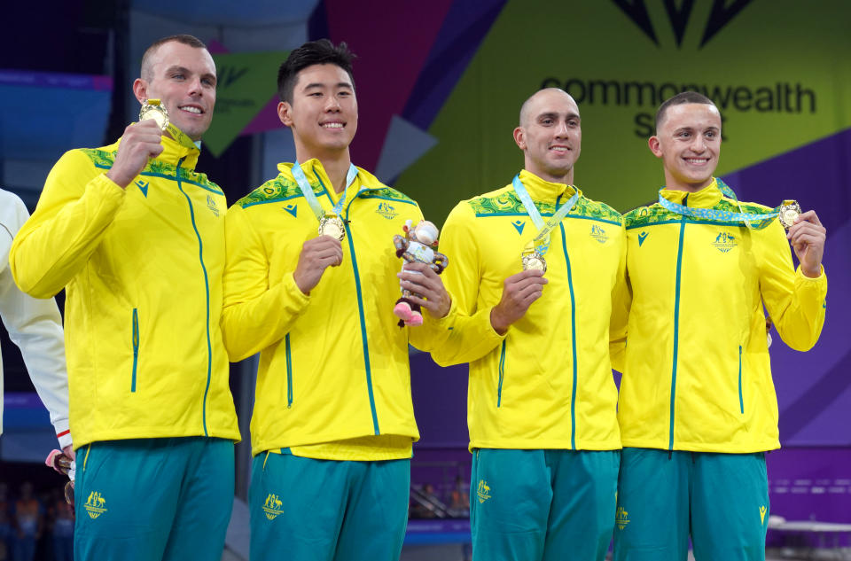 Australia's Cody Simpson, William Zu Yang, Matthew Temple, and Flynn Southam after winning gold in the Men's 4 x 100m Freestyle Relay Final at Sandwell Aquatics Centre on day two of the 2022 Commonwealth Games in Birmingham. Picture date: Saturday July 30, 2022. (Photo by David Davies/PA Images via Getty Images)