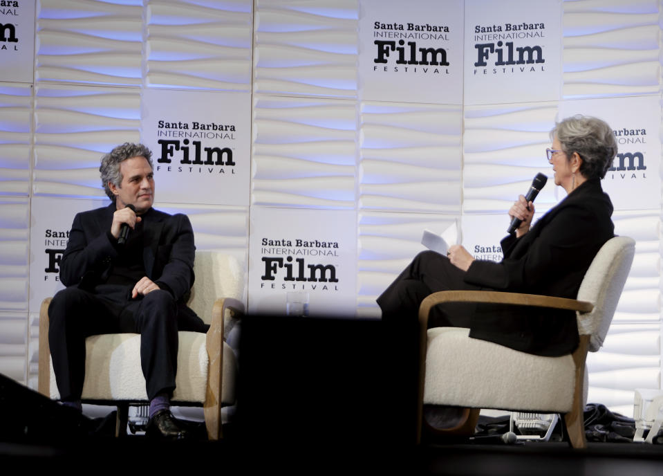 SANTA BARBARA, CALIFORNIA - FEBRUARY 11: Mark Ruffalo and Anne Thompson attend the American Riviera Award ceremony during the 39th Annual Santa Barbara International Film Festival on February 11, 2024 in Santa Barbara, California. (Photo by Tibrina Hobson/Getty Images for SBIFF)