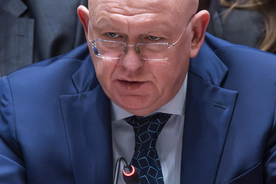 FILE - Russian Permanent Representative to the U.N. Vassily Nebenzia addresses members of the U.N. Security Council during a meeting on Non-proliferation of nuclear weapons, Wednesday, April 24, 2024, at the United Nations headquarters. Russia has defended its veto of a U.N. resolution calling on all nations to prevent a nuclear arms race in outer space. Nebenzia, on Monday, May 6, accused the West of planning for the military exploration of outer space, including the deployment of weapons. (AP Photo/Eduardo Munoz Alvarez, File)