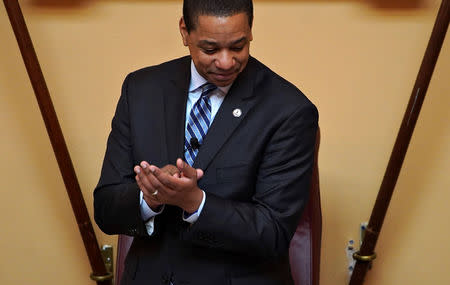 Justin Fairfax, the Lieutenant Governor of Virginia, opens the state's Senate meeting during a session of the General Assembly in Richmond, Virginia, U.S, February 8, 2019. Picture taken February 8, 2019. REUTERS/Jay Paul