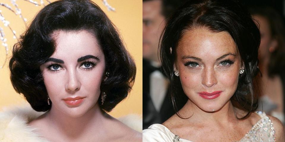 <p>While Lindsay Lohan normally sports red hair, she was temporarily brunette in 2006, which drew attention to her violet-green eyes making her a dead ringer for Elizabeth Taylor. And we're not the only ones who think so—Lohan portrayed Taylor in the biopic <em><a href="https://www.businessinsider.com/watch-lindsay-lohan-as-elizabeth-taylor-in-first-liz-and-dick-trailer-2012-9" rel="nofollow noopener" target="_blank" data-ylk="slk:Liz and Dick;elm:context_link;itc:0;sec:content-canvas" class="link ">Liz and Dick</a>. </em></p>