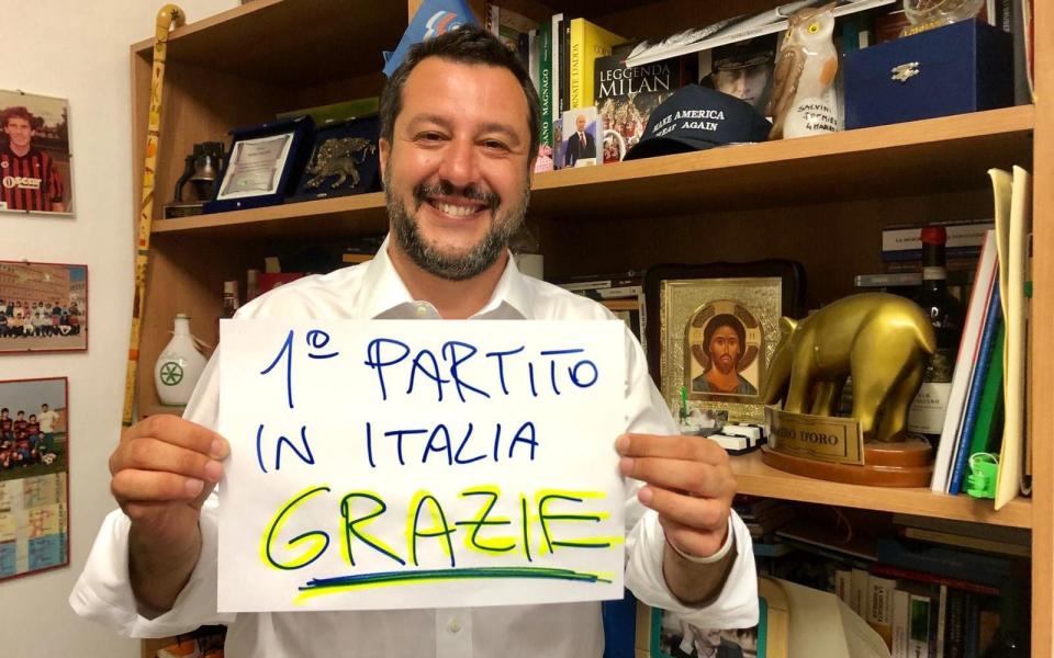 Matteo Salvini expresses his gratitude to voters - 'First party in Italy, thank you' the sign reads - Matteo Salvini social media