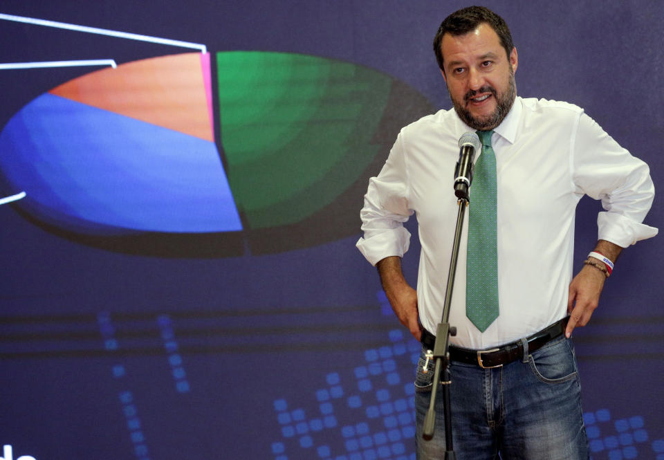 Italian Interior-Minister and Deputy-Premier Matteo Salvini meets reporters at the Interior Ministry headquarters in Rome, Monday, May 27, 2019. Hardline Interior Minister Matteo Salvini's League party - who is casting himself as the standard bearer for populist far right in Europe - won the Italian vote and jumps from 6 to 28 seats in the European Parliament. (AP Photo/Andrew Medichini)