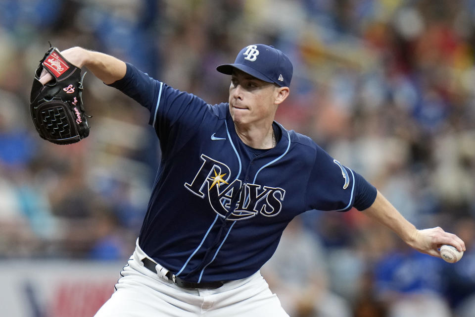 Tampa Bay Rays' Ryan Yarbrough pitches to the Toronto Blue Jays during the third inning of a baseball game Wednesday, Aug. 3, 2022, in St. Petersburg, Fla. (AP Photo/Chris O'Meara)