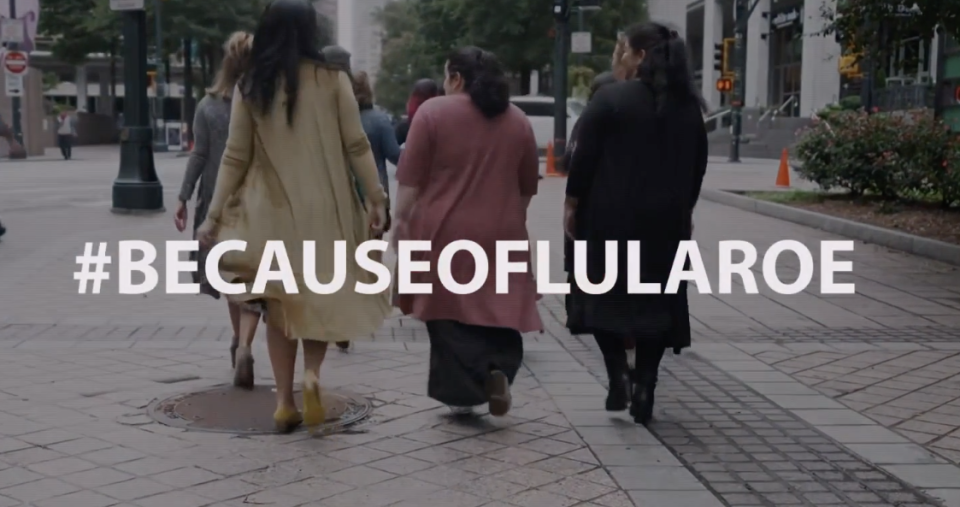 Women in LulaRoe clothing with the hashtag #becauseoflularoe