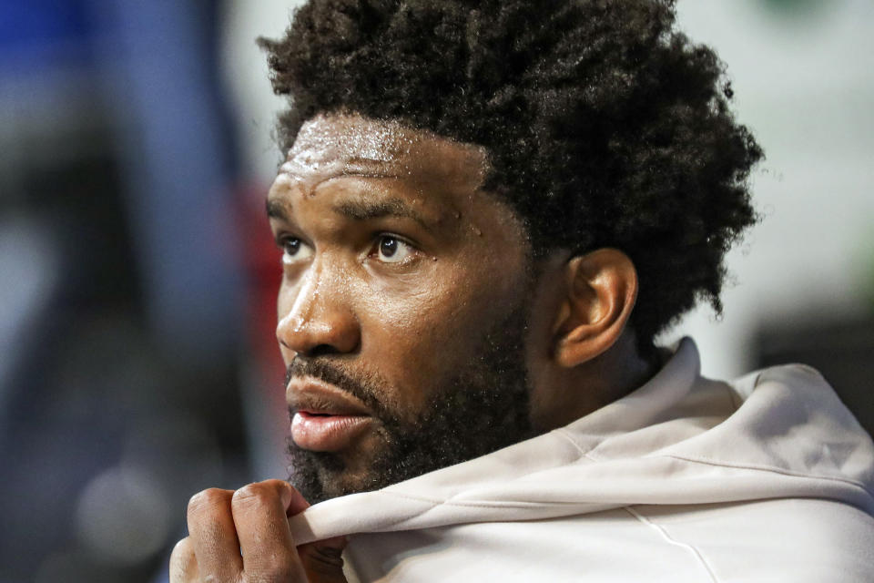 Joel Embiid sits for an ice bath after practice on the first day of Philadelphia 76ers NBA basketball training camp at the McAlister Field House on the campus of The Citadel in Charleston, S.C. on Tuesday, Sept. 27, 2022. (Heather Khalifa/The Philadelphia Inquirer via AP)