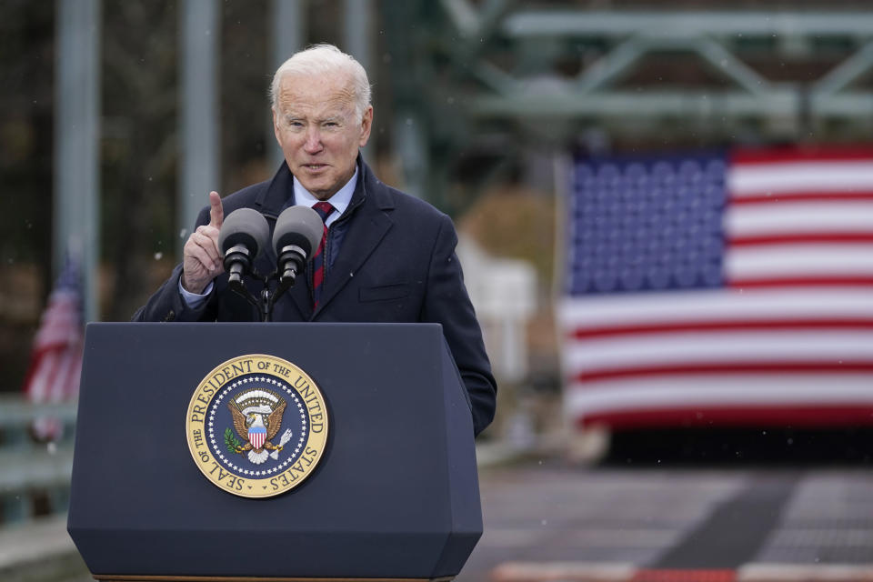 President Joe Biden speaks during a visit to the NH 175 bridge over the Pemigewasset River to promote infrastructure spending Tuesday, Nov. 16, 2021, in Woodstock, N.H. (AP Photo/Evan Vucci)