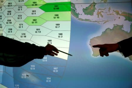 Member of staff at satellite communications company Inmarsat point to a section of the screen showing the southern Indian Ocean to the west of Australia, at their headquarters in London, Britain, March 25, 2014. REUTERS/FILE/Andrew Winning/File Photo