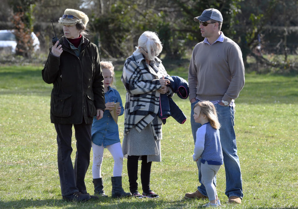 STROUD, ENGLAND - MARCH 25:  Princess Anne, Princess Royal  with her son Peter Phillips and granddaughters Savannah Phillips and Mia Tindall during the Gatcombe Horse Trials at Gatcombe Park on March 25, 2017 in Stroud, England.  (Photo by Anwar Hussein/WireImage)