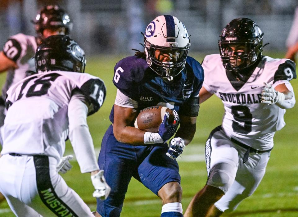 Central Valley Christian's Bryson Donelson runs against Stockdale in a Central Section Division II high school football playoff on Friday, November 3, 2023.