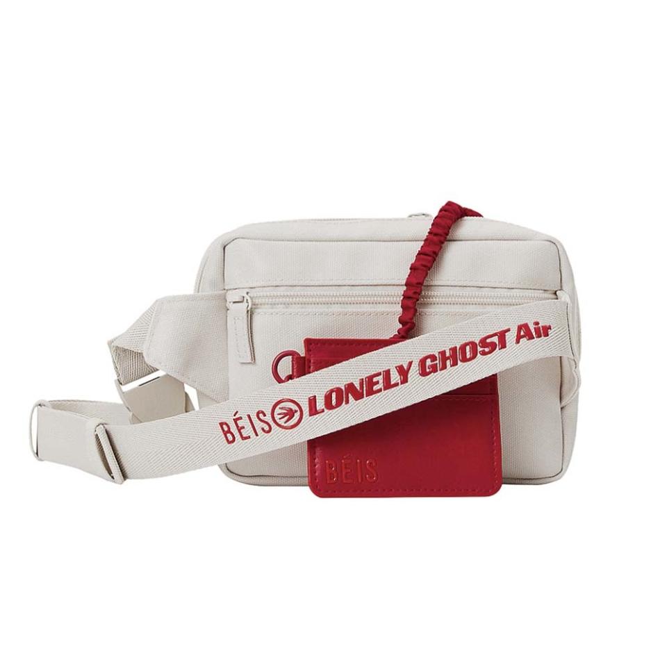 white belt bag with red card case