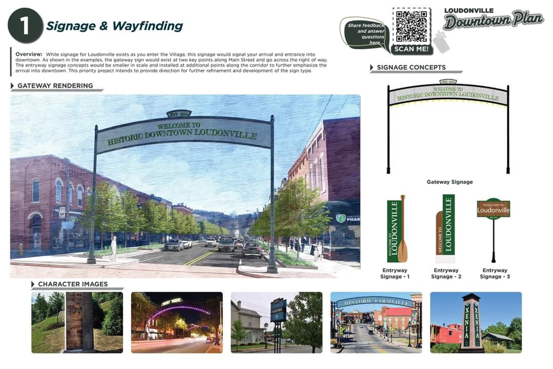 This conceptual image shows a view of downtown Loudonville with proposed signage and plantings.
