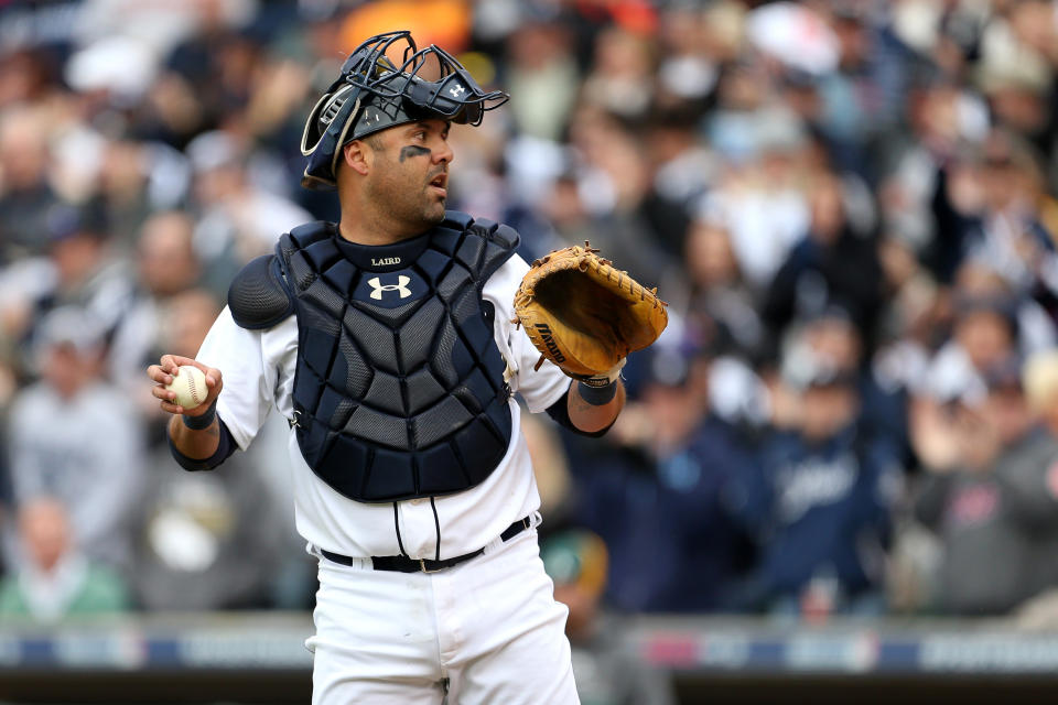 Gerald Laird #9 of the Detroit Tigers looks on after he tagged out Coco Crisp #4 of the Oakland Athletics at home plate in the top of the third inning during Game Two of the American League Division Series at Comerica Park on October 7, 2012 in Detroit, Michigan. (Photo by Leon Halip/Getty Images)