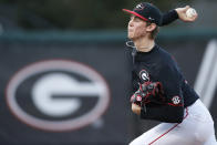 FILE - In this March 22, 2019, file photo, Georgia's Emerson Hancock throws the ball against LSU during an NCAA college baseball game in Athens, Ga. Hancock is expected to be an early selection in the Major League Baseball draft. (Joshua L. Jones/Athens Banner-Herald via AP, File)