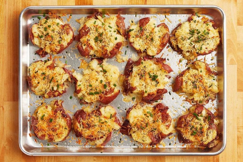 crash hot potatoes on baking sheet