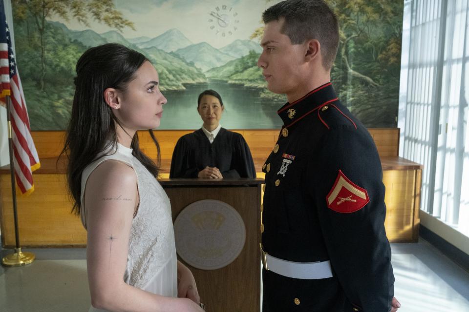 Although they come from different world views, Cassie (Sofia Carson) and Luke (Nicholas Galitzine) sign on for a marriage of convenience that gets real for both of them in Netflix's "Purple Hearts."