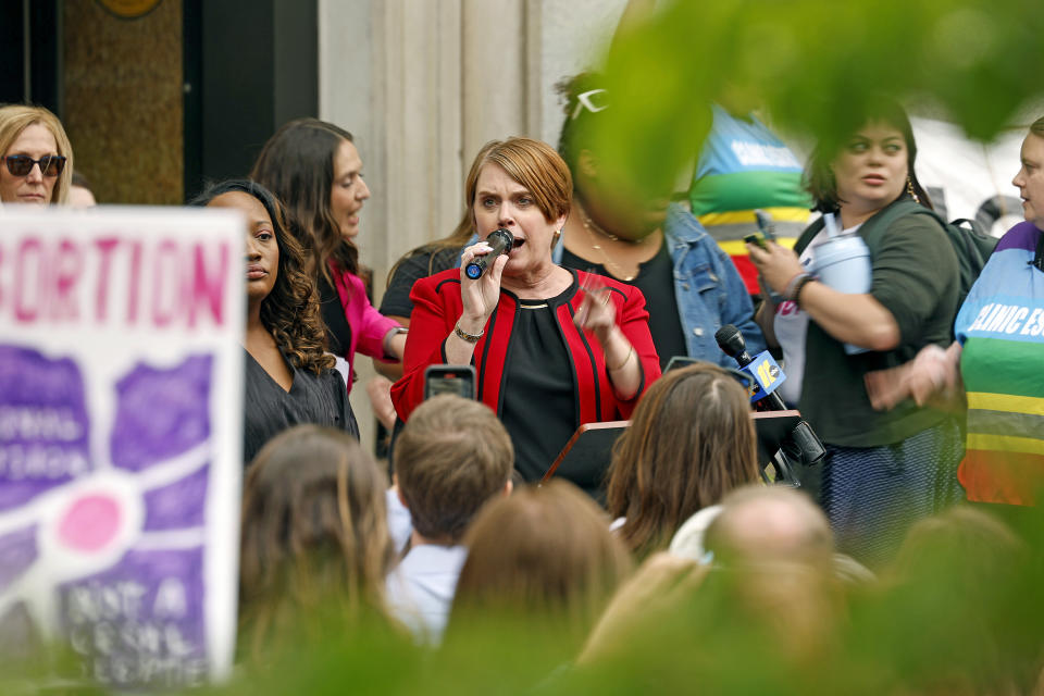 State Rep. Julie von Haefen speaks at a rally at Bicentennial Plaza put on by Planned Parenthood South Atlantic in response to a bill before the North Carolina Legislature, Wednesday, May 3, 2023, in Raleigh, N.C. (AP Photo/Karl B DeBlaker)