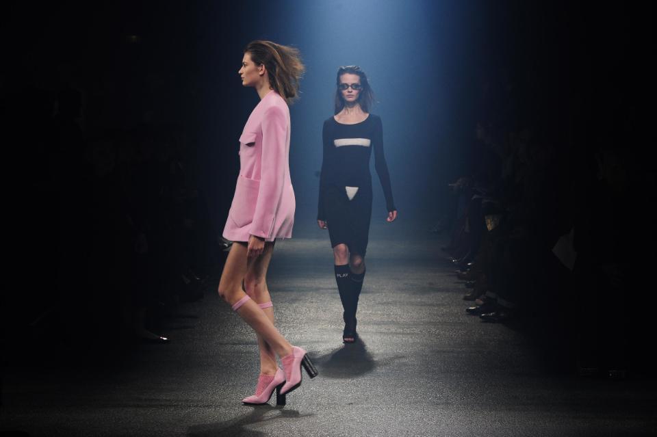 Models wear creations by Sonia Rykiel during the presentation of her Fall/Winter 2013-2014 ready to wear collection in Paris, Friday, March 1, 2013. (AP Photo/Zacharie Scheurer)