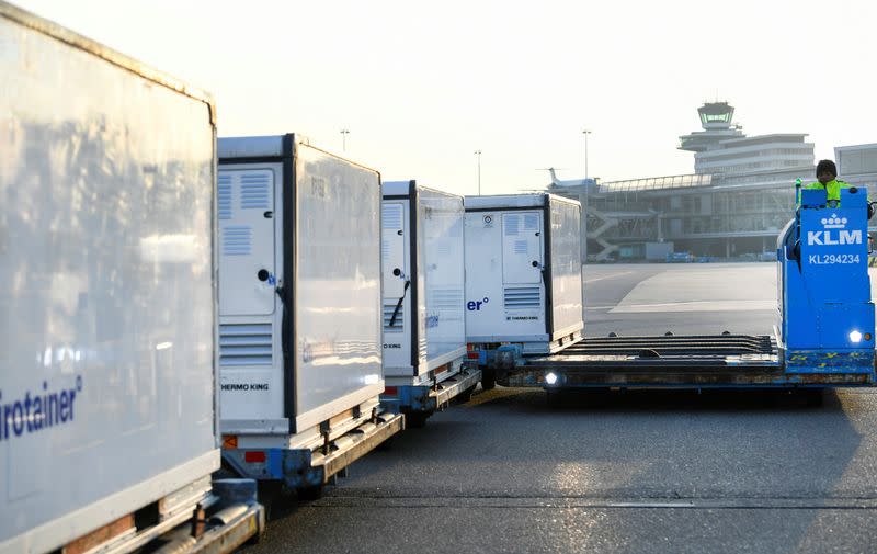 Cool boxes are being transported at Amsterdam's Schiphol Airport