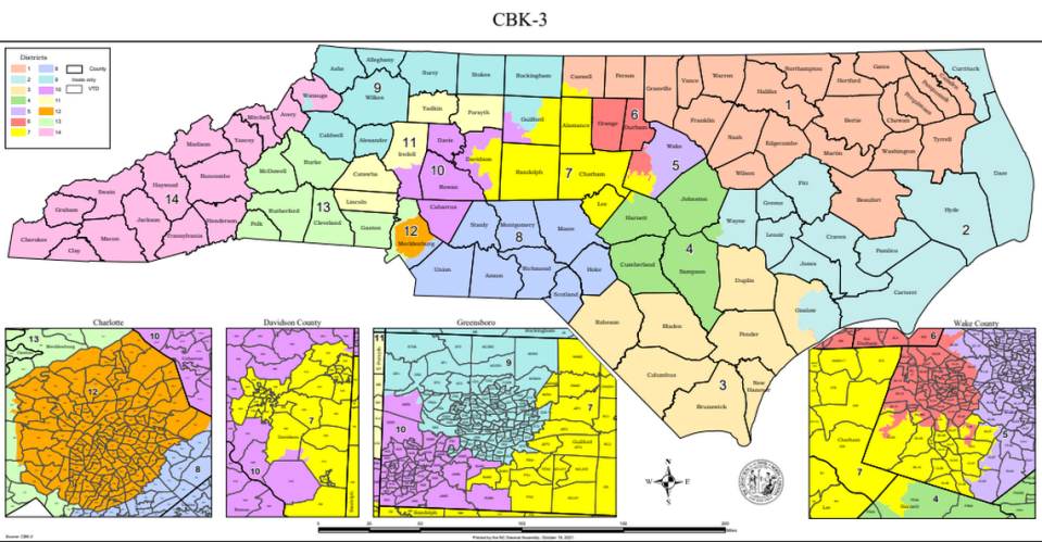 One of the potential congressional maps for North Carolina in the 2021 redistricting process, drawn by a Republican state senator.