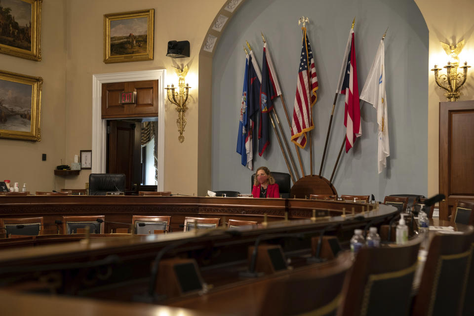 Rep. Debbie Wasserman Schultz, Chairwoman, D-Fla., speaks during a House Appropriations Subcommittee on Military Construction, Veterans Affairs, and Related Agencies hearing on Capitol Hill in Washington, Thursday, May 28, 2020, on the Department of Veterans Affairs response to COVID-19. (Anna Moneymaker/The New York Times via AP, Pool)