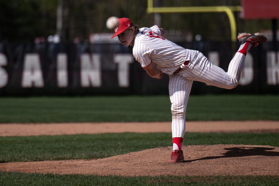 St. John's Brayden Mercier pitches versus Xaverian.