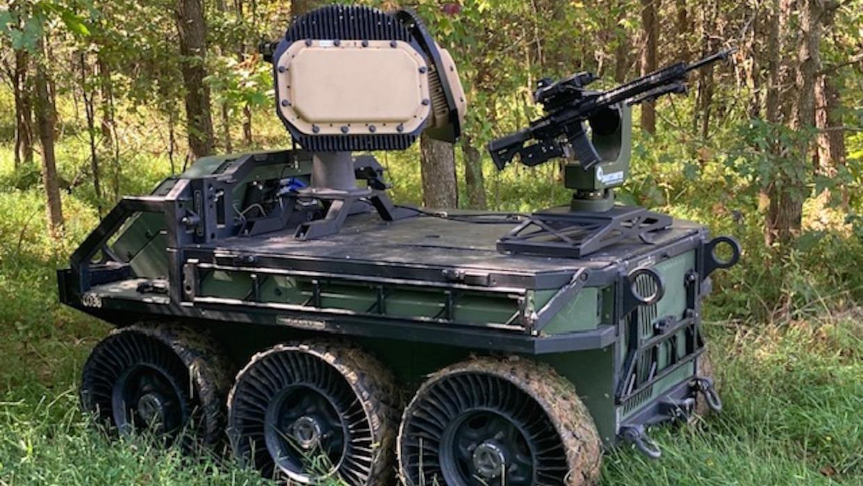 An uncrewed counter drone system that blends together a turreted infantry rifle equipped with a computerized optic, a small radar array, and a six-wheeled drone vehicle has been unveiled.