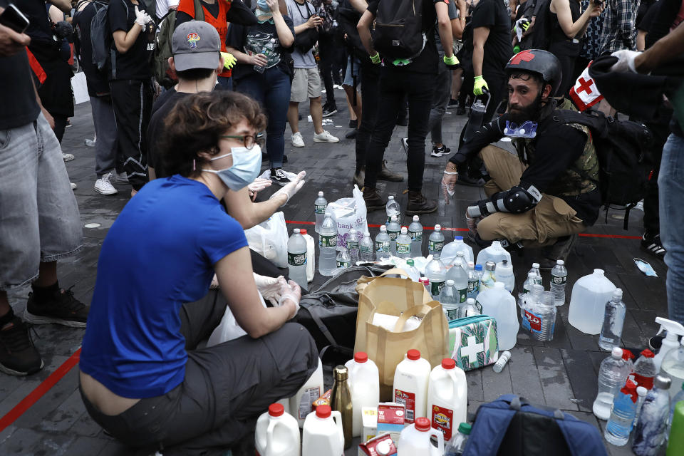 A makeshift aid station is stocked with agents to counter gas and pepper spray at the Barclays Center in Brooklyn, New York, on May 29 during a protest against police brutality and racial injustice. (Photo: John Lamparski/NurPhoto via Getty Images)