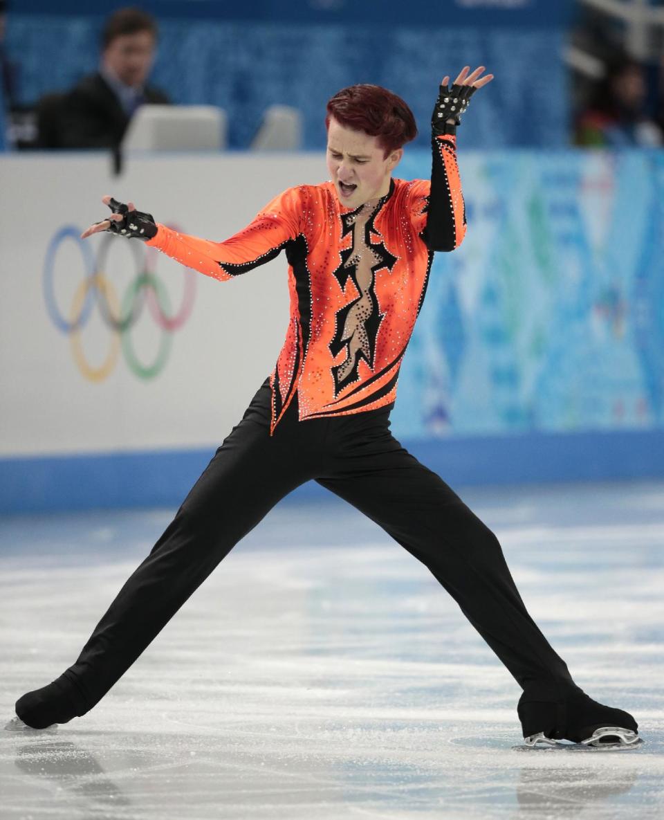 Misha Ge of Uzbekistan competes in the men's short program figure skating competition at the Iceberg Skating Palace during the 2014 Winter Olympics, Thursday, Feb. 13, 2014, in Sochi, Russia. (AP Photo/Ivan Sekretarev)