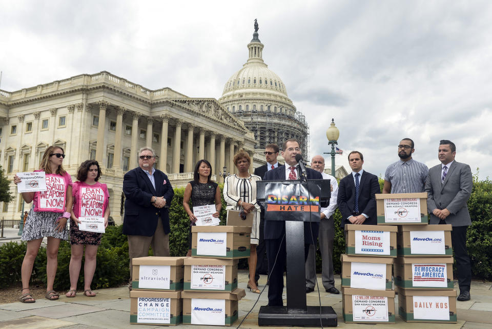 Rep.&nbsp;Jerrold Nadler joins members of MoveOn.org and other members of Congress at an event to demand that Congress renew an assault weapons ban. They delivered more than 1&nbsp;million signed petitions&nbsp;to the&nbsp;Capitol on July 12, 2016.