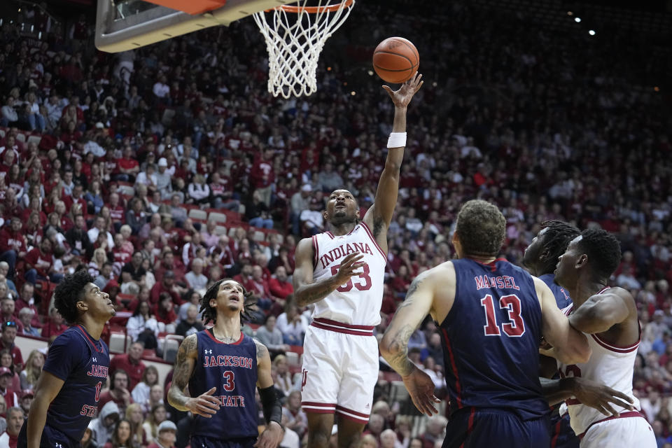 Indiana guard Tamar Bates (53) shoots during the second half of an NCAA college basketball game against Jackson State, Friday, Nov. 25, 2022, in Bloomington, Ind. (AP Photo/Darron Cummings)