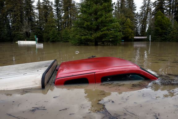 A submerged pickup truck in Forestville, California on Feb. 27,  2019.