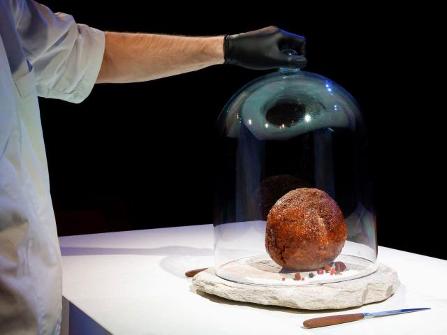 black gloved hand holds glass display over giant meatball on white table