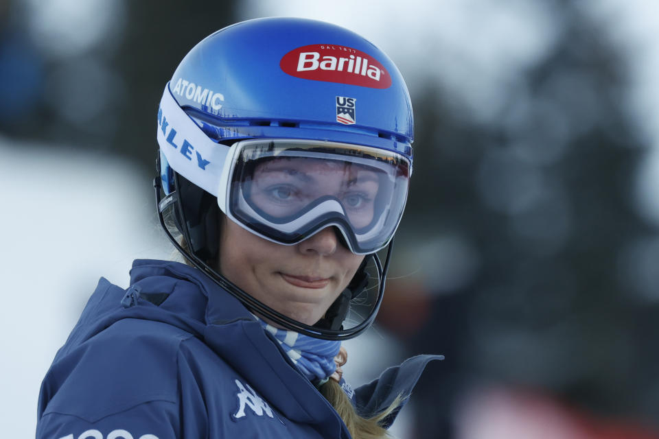 United States' Mikaela Shiffrin looks on during the course recognition ahead of an alpine ski, women's World Cup slalom race, in Jasna, Slovakia, Sunday, Jan. 21, 2024. (AP Photo/Giovanni Maria Pizzato)