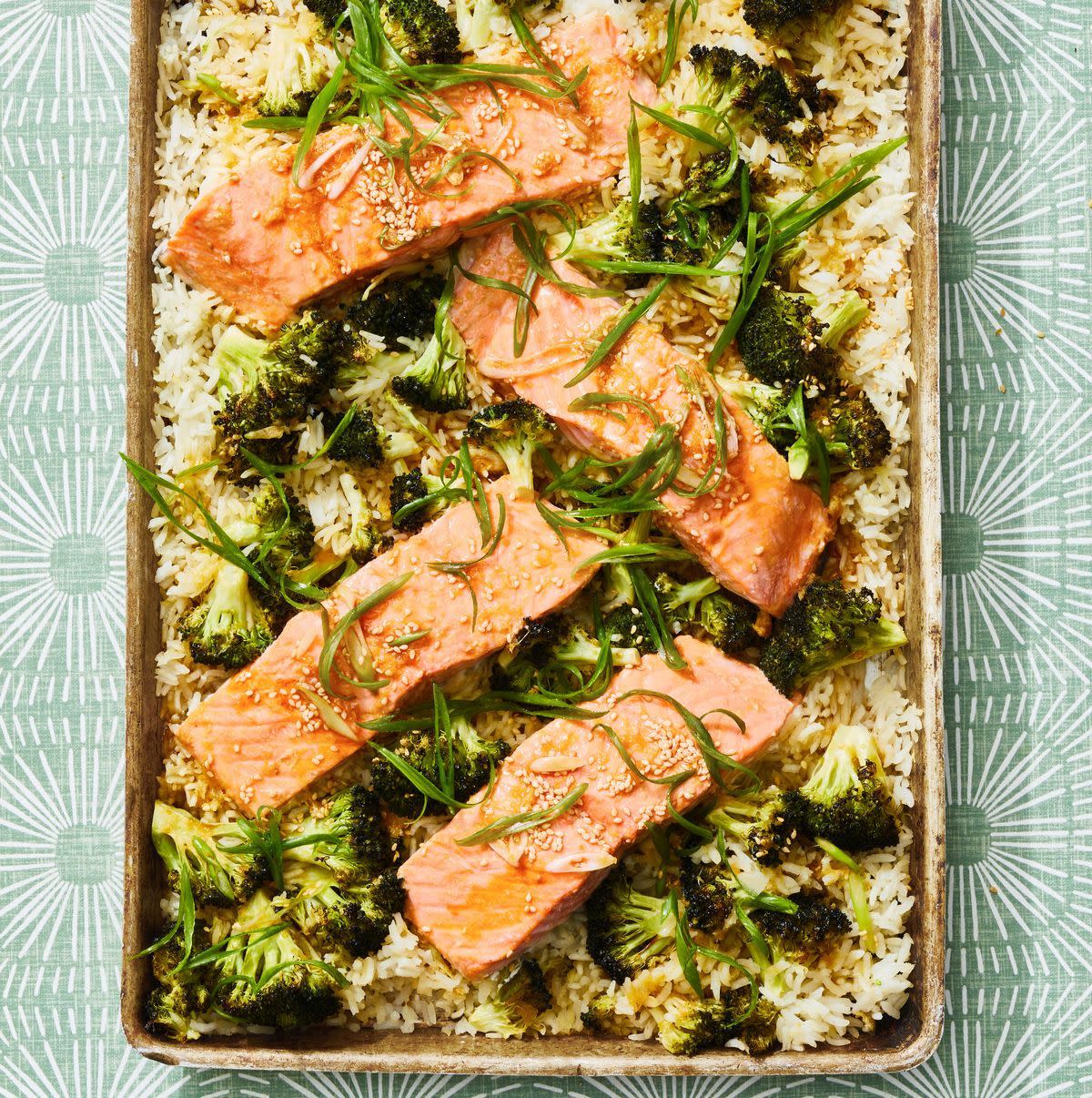 easy rice with ginger soy salmon and broccoli