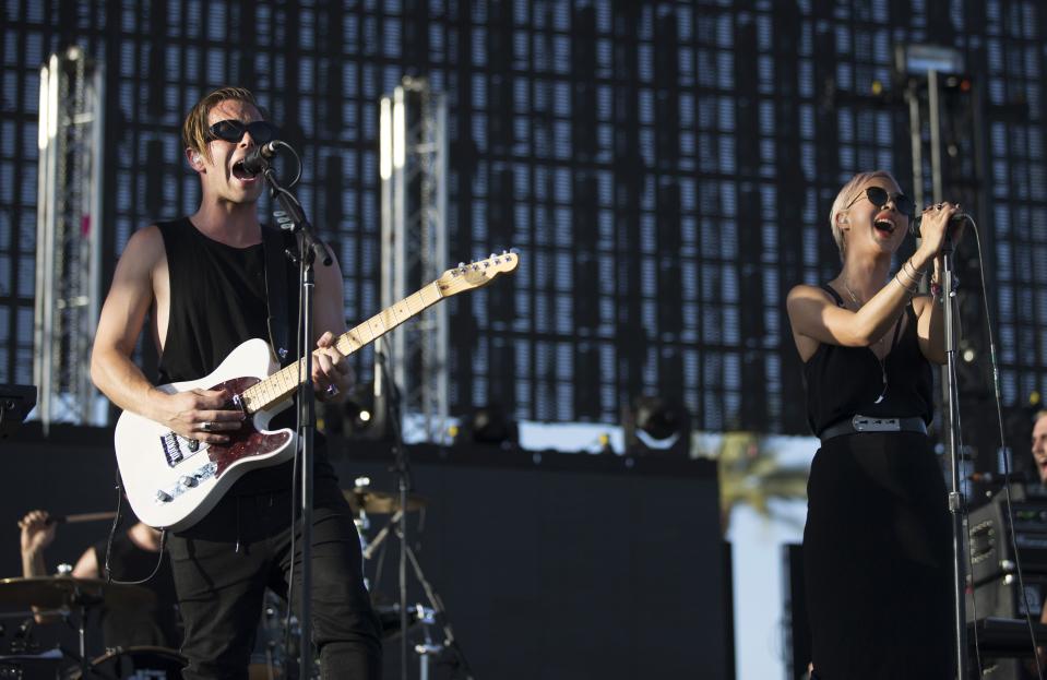 Thom Powers and Alisa Xayalith of The Naked and Famous perform at the Coachella Valley Music and Arts Festival in Indio