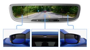 The CLEARVIEW interior mirror displays a customizable live video feed from multiple rear-facing cameras mounted on the exterior of the vehicle.