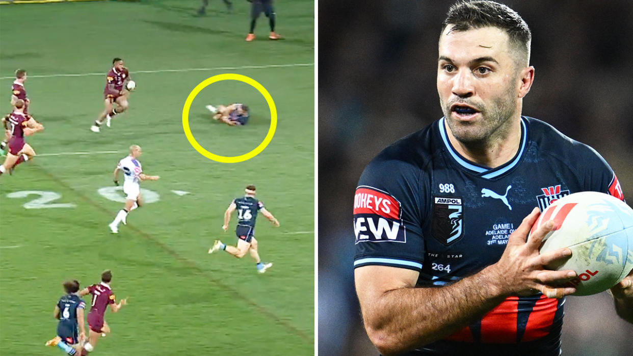 Captain James Tedesco slipping over for a try and Tedesco running the ball in State of Origin.