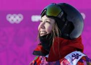 Canada's Jenna Blasman reacts at the finish line during the women's snowboard slopestyle qualifying session at the 2014 Sochi Olympic Games in Rosa Khutor February 6, 2014. REUTERS/Mike Blake (RUSSIA - Tags: OLYMPICS SPORT SNOWBOARDING PROFILE)