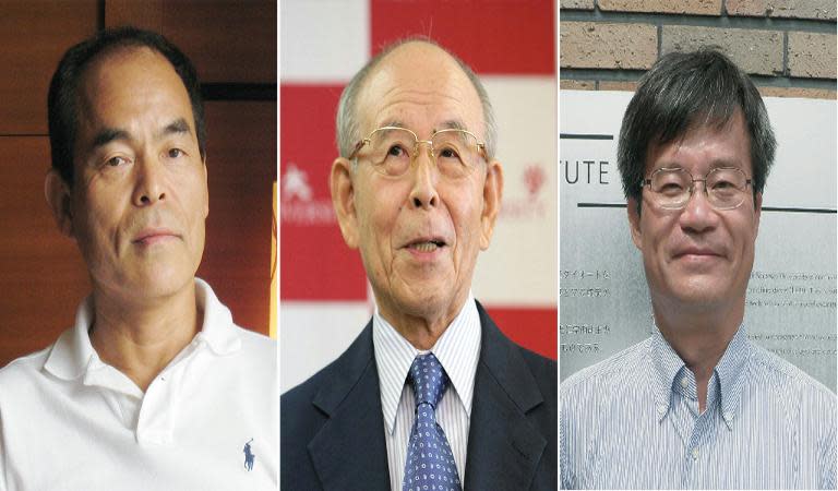 Japanese researchers Shuji Nakamura (left), Isamu Akasaki (centre) and Hiroshi Amano who have won the 2014 Nobel Prize for Physics for inventing the LED lamp