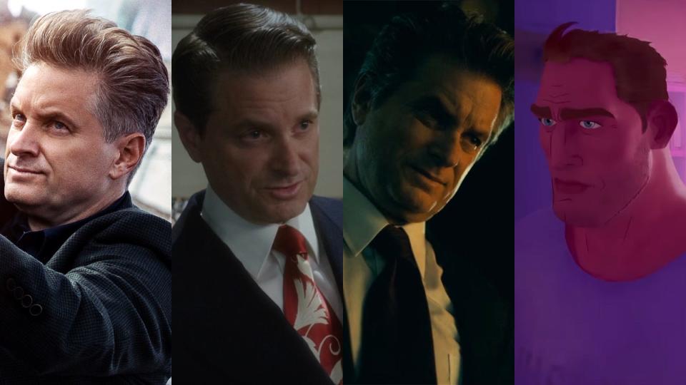 From left: Shea Whigham in an official poster for "Mission: Impossible — Dead Reckoning Part One," on season one of "Agent Carter," in "Joker," and the animated character George Stacy in "Spider-Man: Across the Spider-Verse."