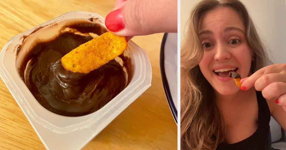 Hannah eating Chili Cheese Fritos with chocolate pudding