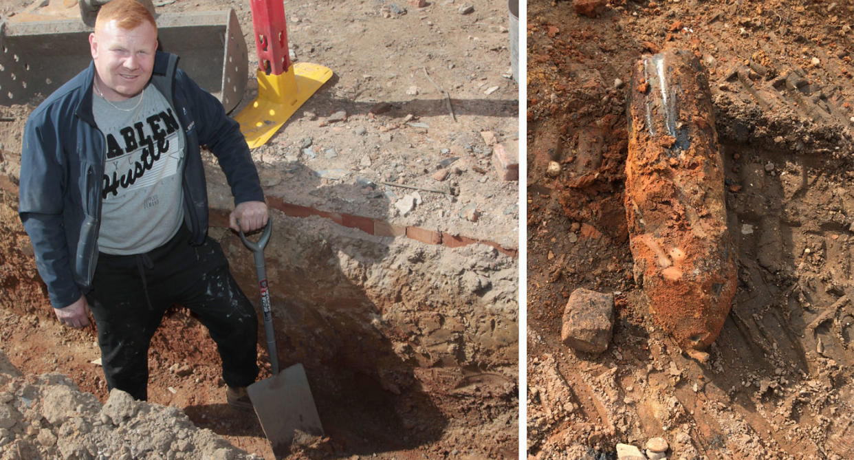 The builders were not expecting to find an unexploded bomb when they were carrying out their job. (Caters)