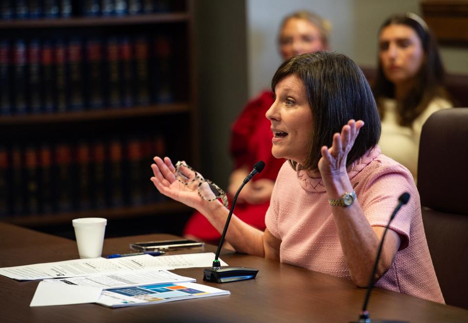 Rep. Missy McGee, R-Hattiesburg, speaks during the Medicaid expansion conference committee meeting at the Mississippi State Capitol in downtown Jackson on Tuesday, April 23. The Senate and House deliberated but did not come to an agreement.