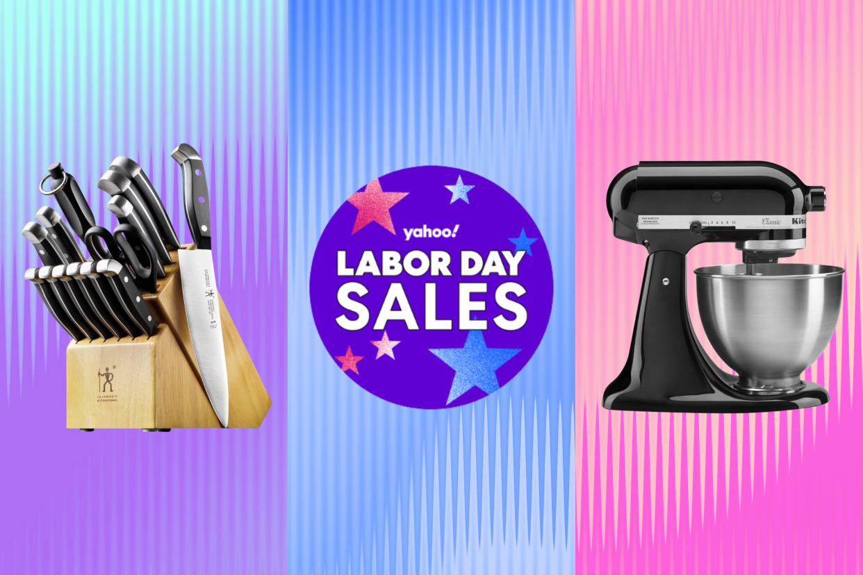 Henckels knife set, KitchenAid stand mixer and a badge that reads Yahoo! Labor Day Sales