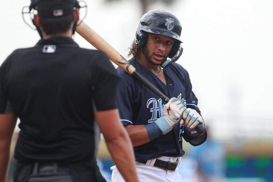 Hooks designated hitter Jordan Brewer bats during a homestand against the Sod Poodles at Whataburger Field on Thursday, June 22, 2023.